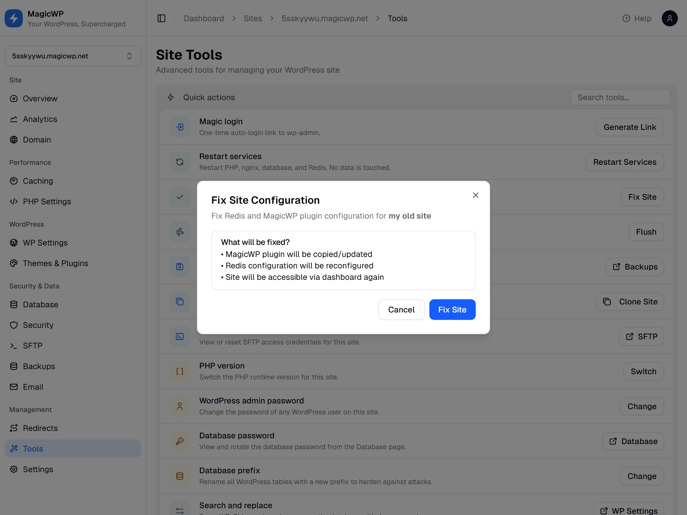 The Fix Site Configuration dialog on the site's Tools page