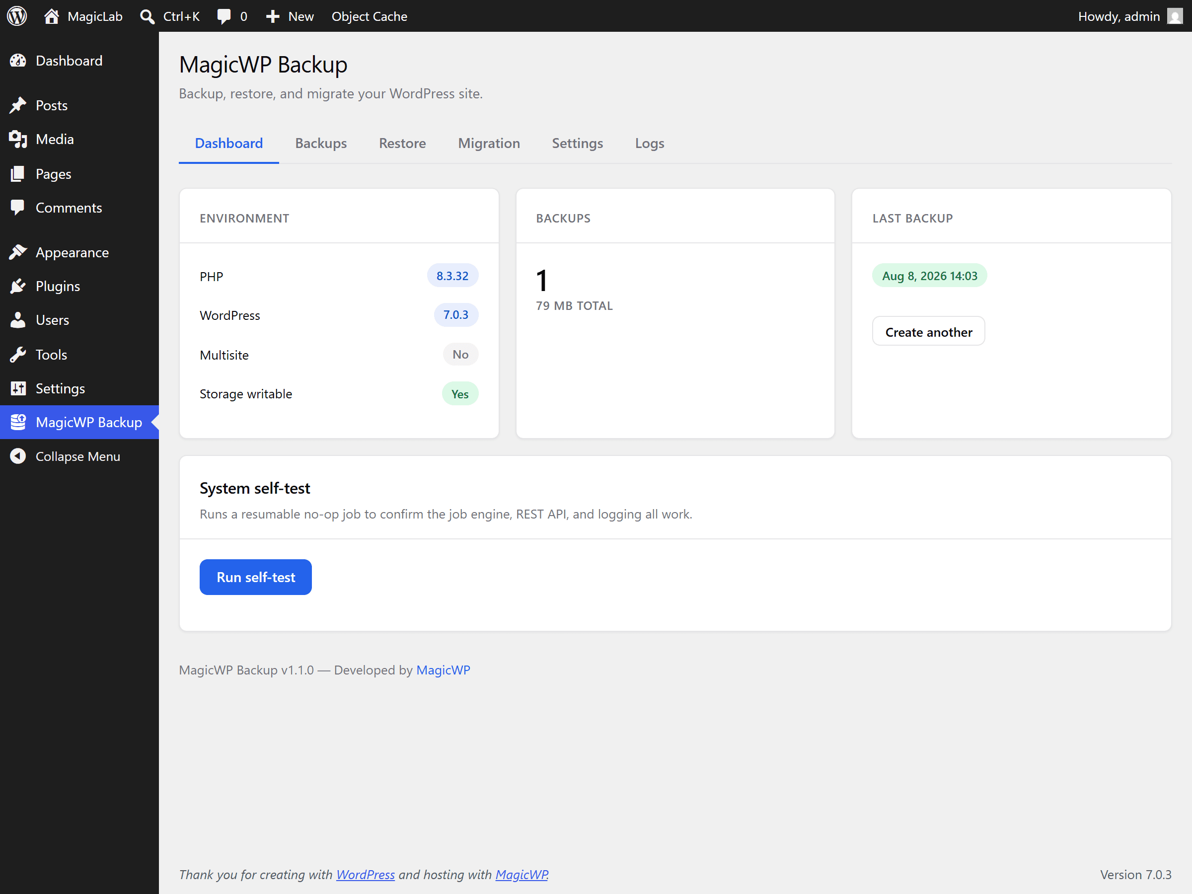 The MagicWP Backup dashboard, showing the environment report, backup count and the system self-test