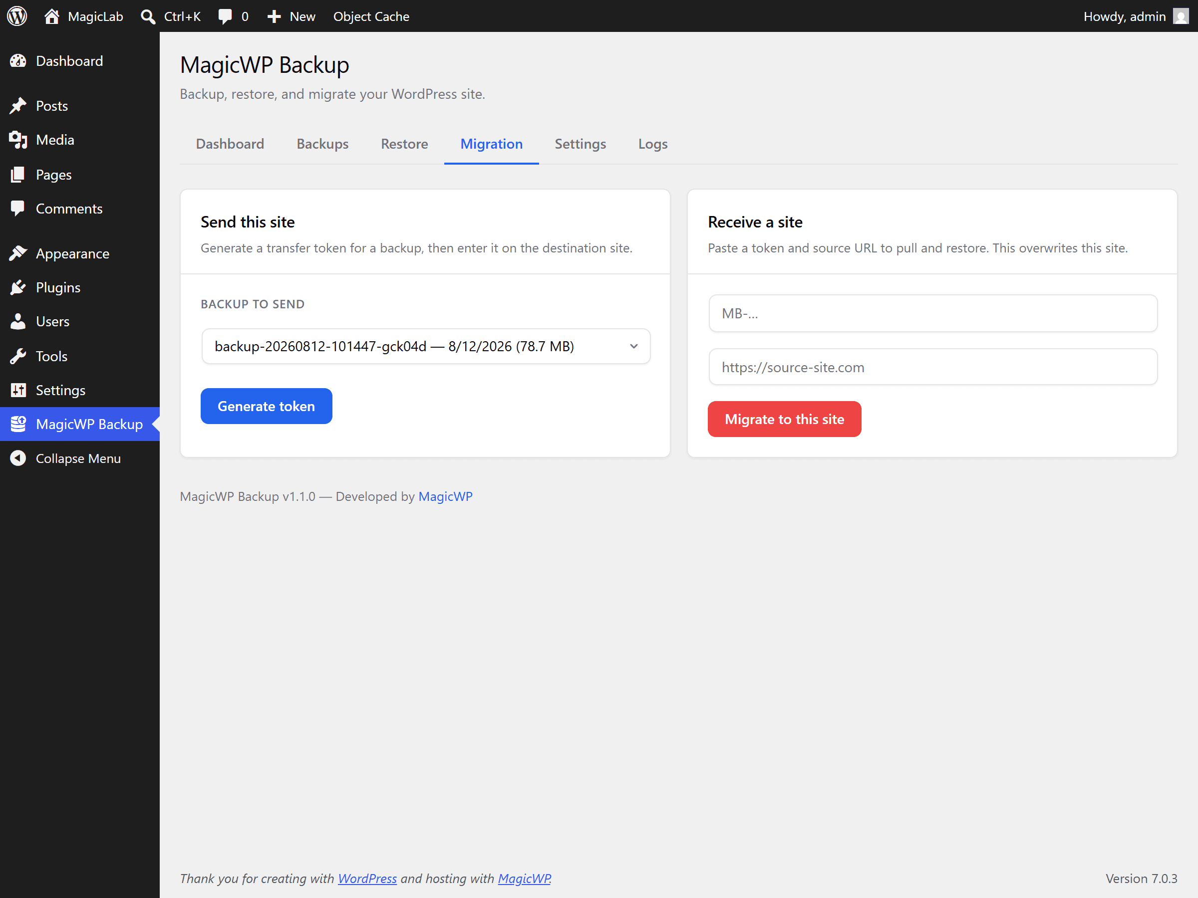 The Migration tab on the old site, with a backup selected under Backup to send and the Generate token button below it