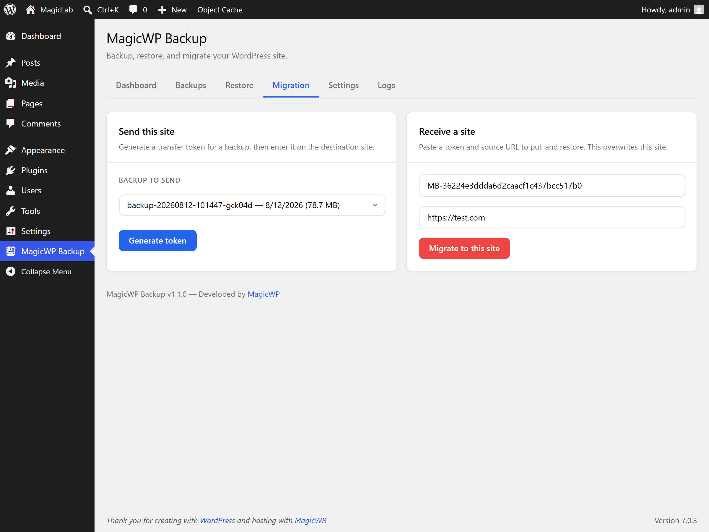 The Receive a site card on the new site, with the transfer token and source URL filled in