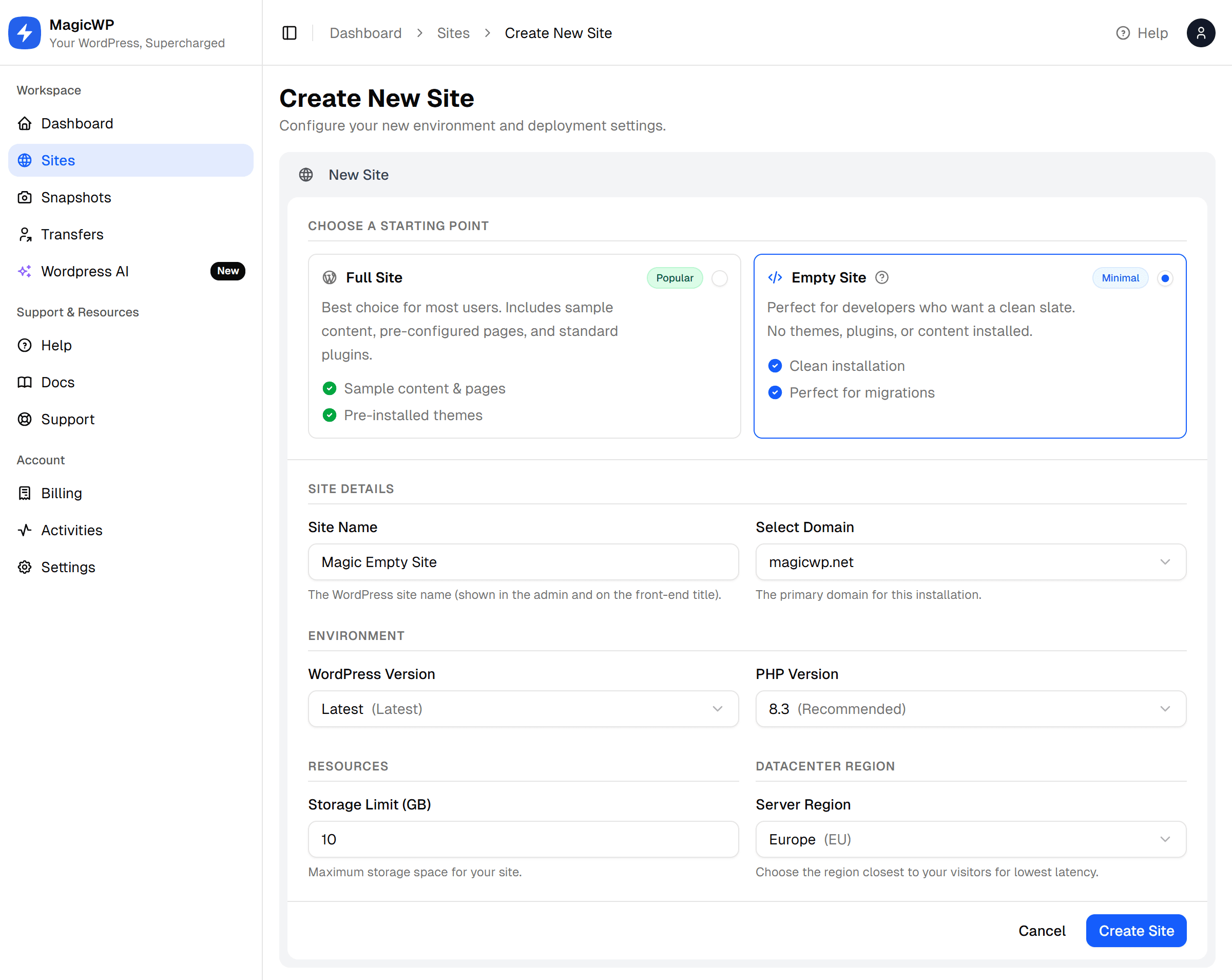 Create New Site with Empty Site chosen as the starting point
