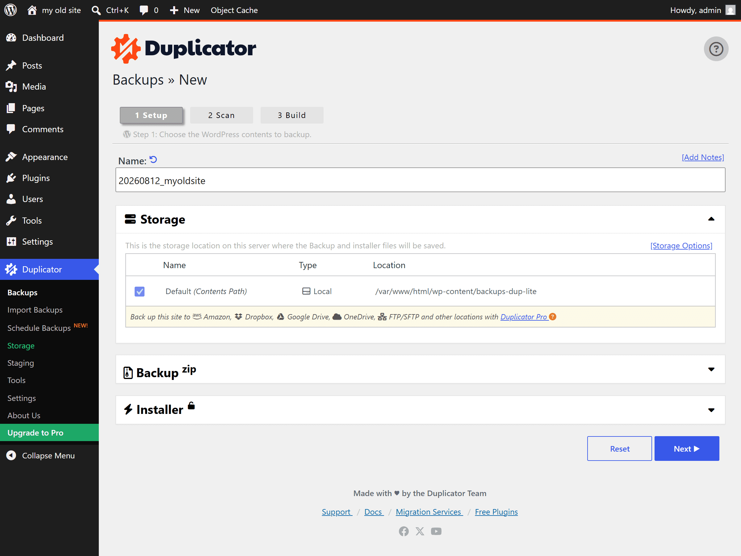 Duplicator's Backups > New screen, step 1, with the package name and storage location